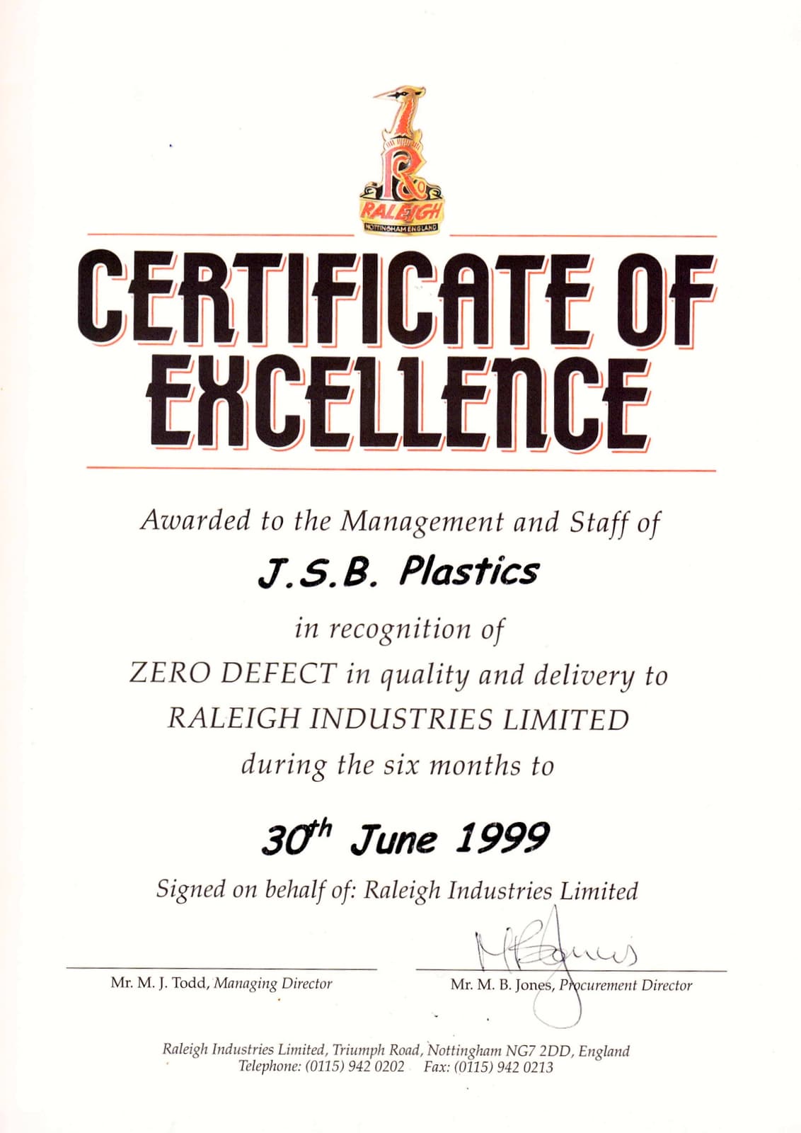 Raleigh Industries Certificate of Excellence awarded to JSB Plastics